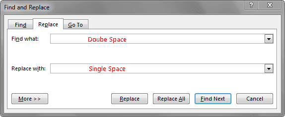 A screenshot of the Find and replace window in Microsoft Word.