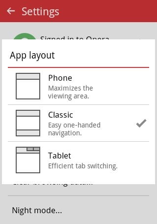 Opera Mini App Layout Settings