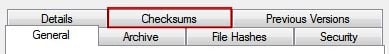 Screenshot of the HashCheck Checksum Tab in the properties window.
