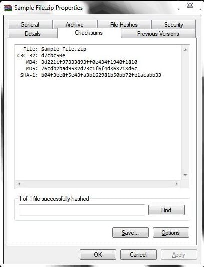 Screenshot of the HashCheck tab inside  the Properties Window.