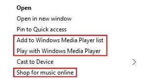 A screenshot showing windows media player entries in the right-click menu of Windows 10.
