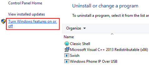A screenshot of the turn off/on windows features option.