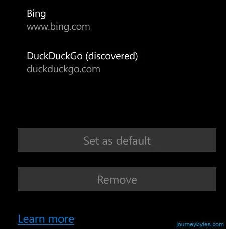 A screenshots showing discovered search engines in Microsoft Edge.