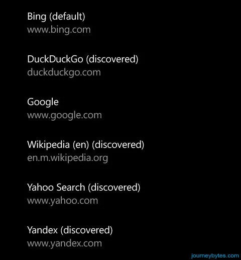 A screenshot showing a list of search engines added to Microsoft Edge.