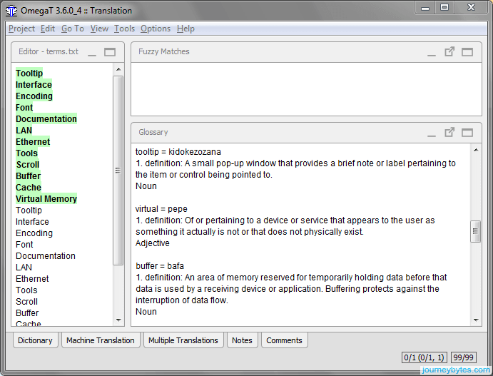Screenhsot of OmegaT's translation window.