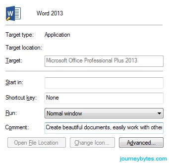 Screenshot of the properties window of the default MS Word shortcut in the start menu.