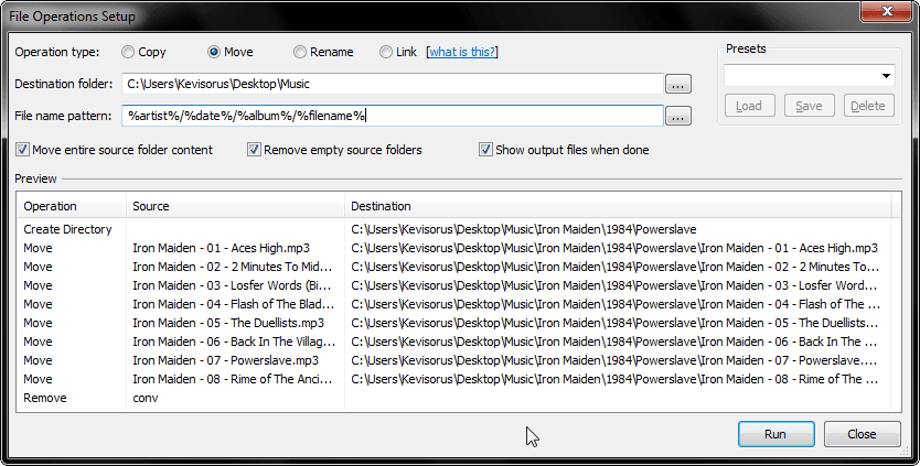 A screenshot of Foobar2000 showing a multifolder file operation.
