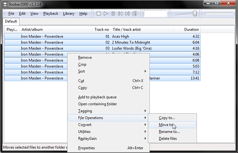 A screenshot of Foobar2000 main window with files selected.
