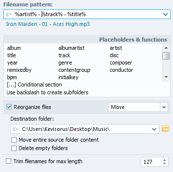 A screenshot showing a file name pattern in Tagscanner.