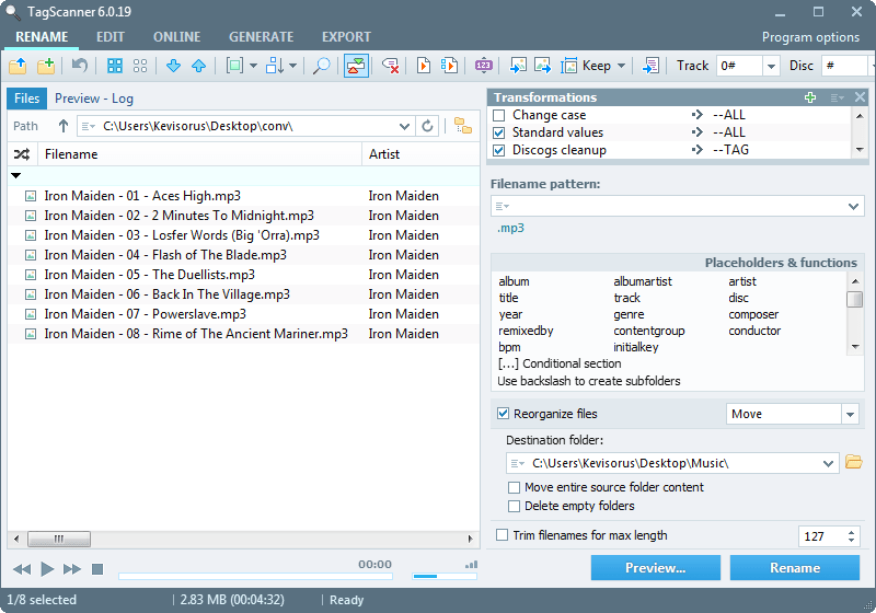 A screenshot of Tagscanner Rename tab with files added.