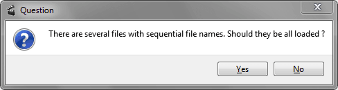 A screenshot of Avidemux's window prompting the user whether to load files with sequential file names.
