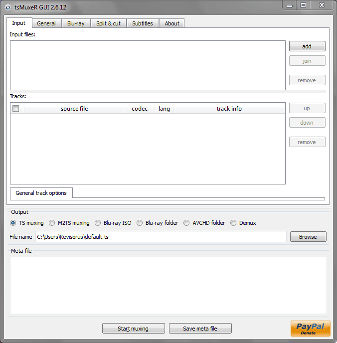 An image of the main window of tsMuxer GUI.