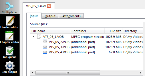 A screenshot showing MKVToolNix main window with VOB files added.