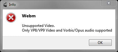 A screenshot of Avidemux's window warning the user of an unsupported video format for the WebM container.