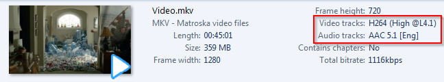 A screenshot of Windows' Explorer detail bar in Windows 7 showing a video's codec information.