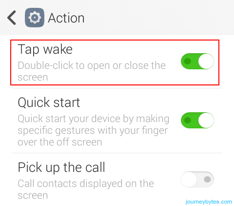 Screenshot of the tap to wake toggle in an android phone.