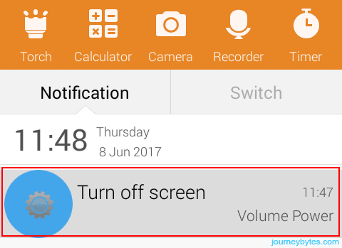Screenshot of the android notification menu with a turn off screen pin.