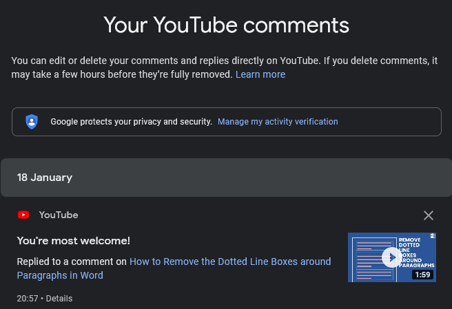 A screenshot showing YouTube comments on Google My Activity page.