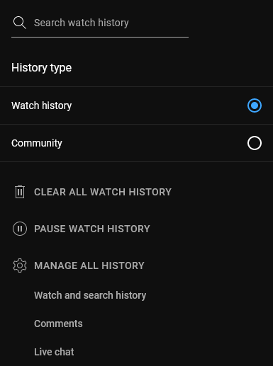 A screenshot showing the watch history options on YouTube.