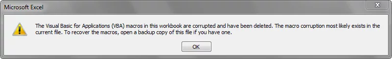 A screenshot showing an Excel warning for a corrupt macro.