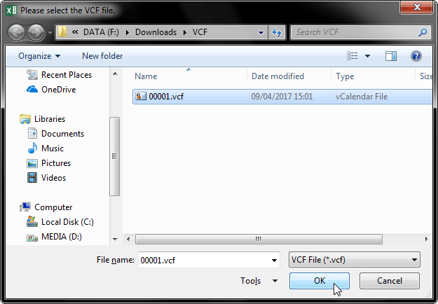 A screenshot showing a open file dialog with a VCF file selected