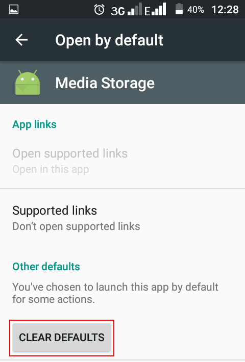 A screenshot showing a clear defaults button for the Media Storage app