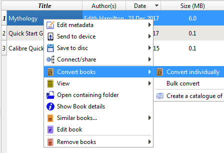 A screenshots of Calibre book menu options.