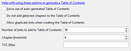 A screenshot of the table of contents settings in Calibre's converter.