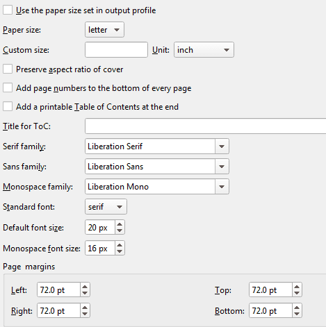 An image of Calibre's PDF output settings.