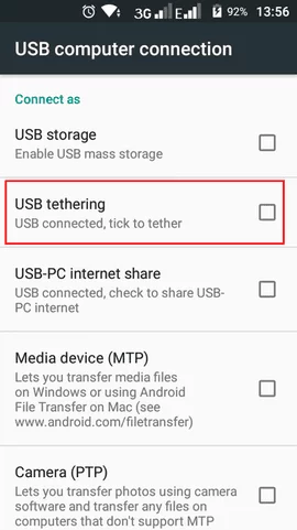 A screenshot showing USB modes available when connecting an Android phone to a computer.