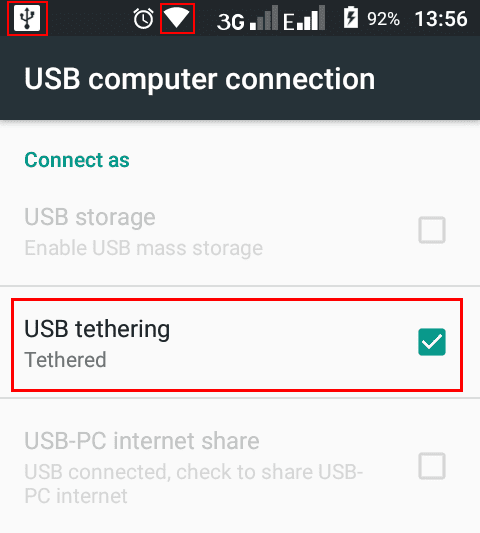 A screenshot showing USB tethering enabled for a Wi-Fi hotspot connection on an Android phone.