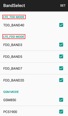 A screenshot showing compatible 4G band in the engineer mode app.