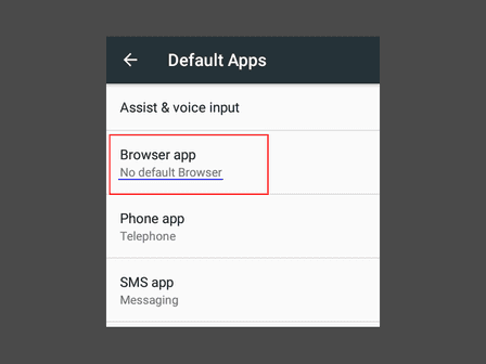 A screenshot showing no default browser set in Android settings.