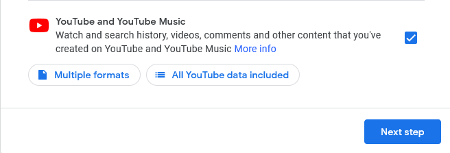 A screenshot showing YouTube selected in Google Takeout wizard.