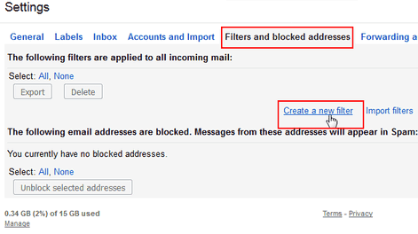 A screenshot showing the Filters and blocked addresses tab in Gmail settings.