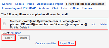 A screenshot showing an active filter in Gmail settings.