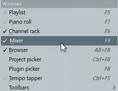 A screenshot showing the mixer menu item in FL Studio