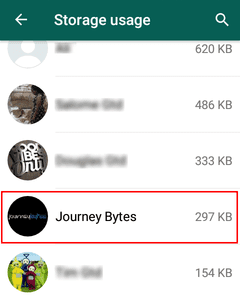 A screenshot showing WhatsApp chats and the amount of storage space they're using.