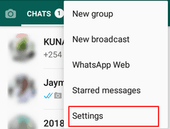 A screenshot showing WhatsApp settings menu on Android.