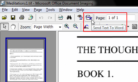 A screenshot showing the Send Text to Word button in Microsoft Office Document Imaging  