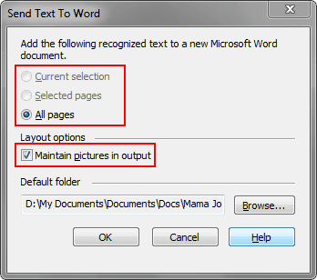 A screenshot showing the Send Text to Word options window