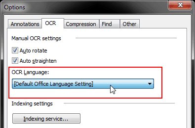 A screenshot showing the OCR language options in Microsoft Office Document Imaging settings