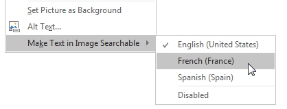 A screenshot showing the Make Text in Image Searchable item in OneNote's context menu