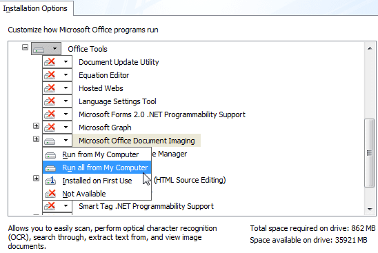 A screenshot showing programs available for installation in Office 2007 installer