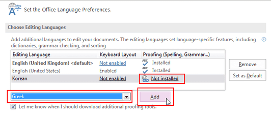 A screenshot showing how to add a new language in OneNote's options