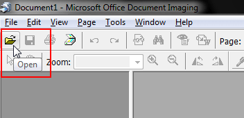 A screenshot showing the Open image icon in Microsoft Office Document Imaging