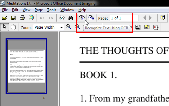 A screenshot showing the OCR button in Microsoft Office Document Imaging