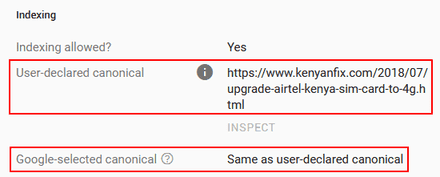 A screenshot showing the indexing status of a URL on Google search console.