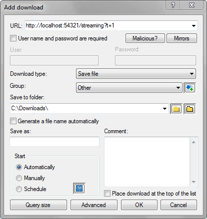 A screenshot of FDM add download window.