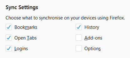 A screenshot showing Firefox sync settings.
